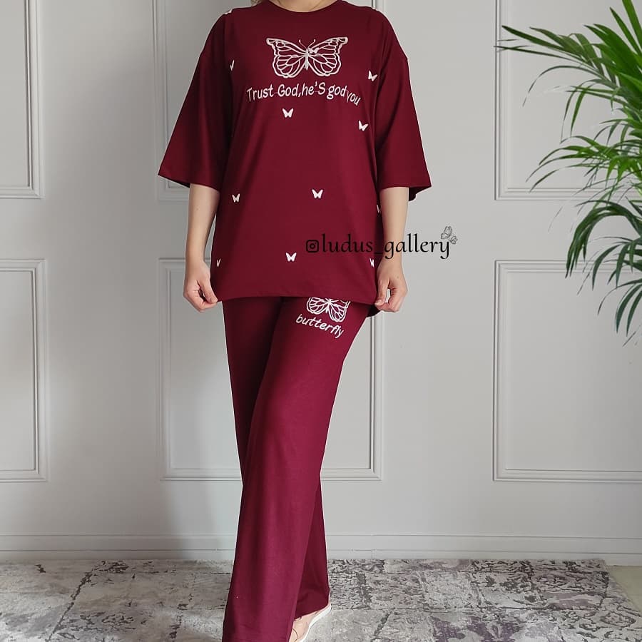 ست تیشرت لانگ و شلوار بگ طرح پروانه