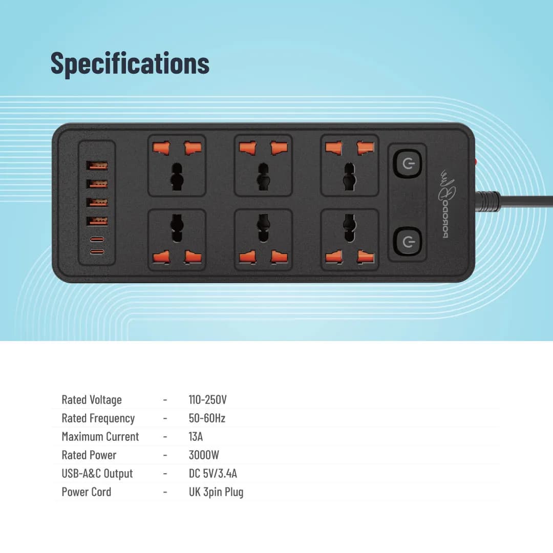 چند راهی برق چند پورت Porodo Blue 6 AC مدل Dual Switch Power Strip پرودو — تصویر ۳