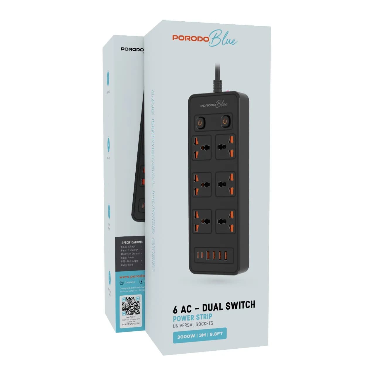 چند راهی برق چند پورت Porodo Blue 6 AC مدل Dual Switch Power Strip پرودو — تصویر ۴