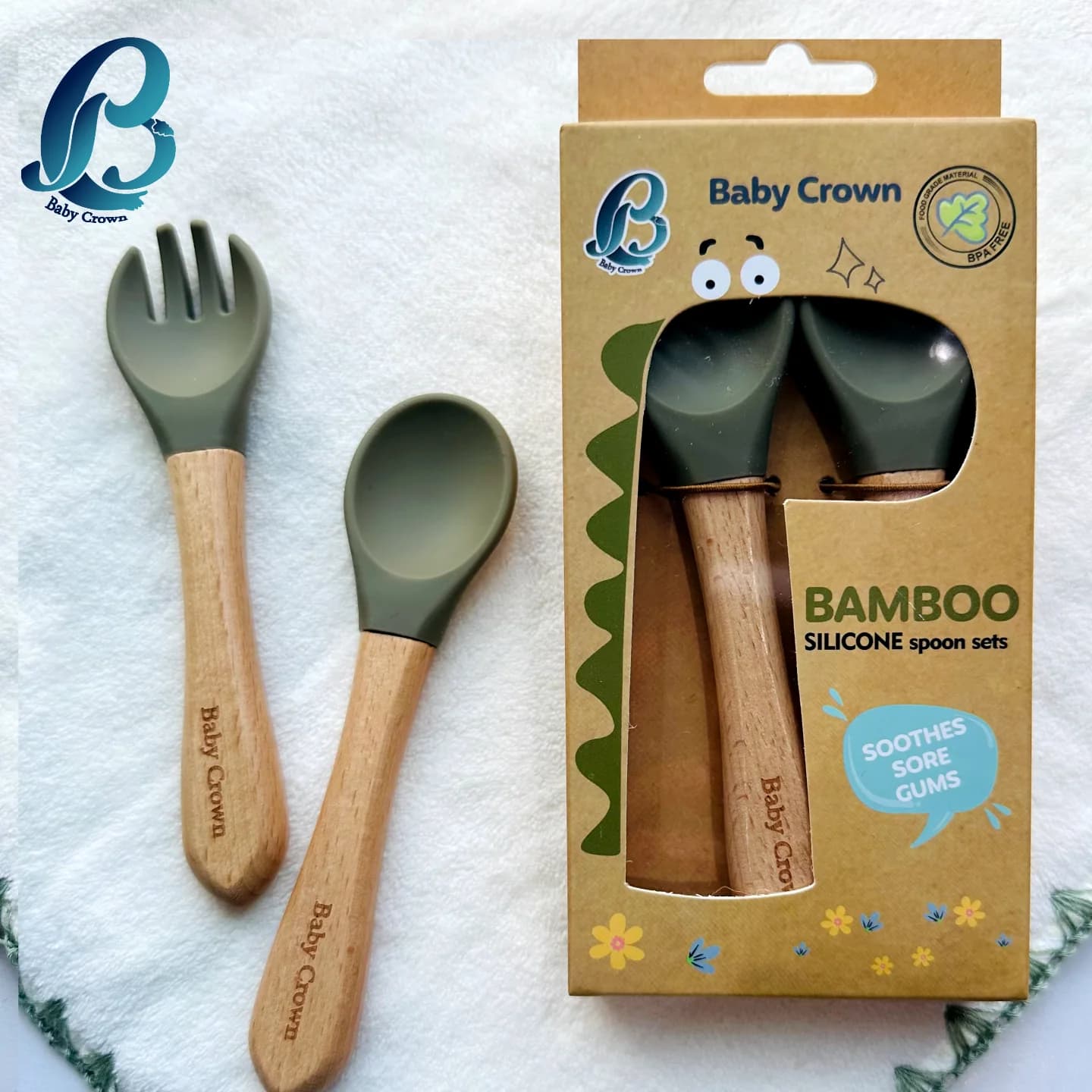 ست قاشق و چنگال سیلیکونی بامبو نوزاد برندbabycrown