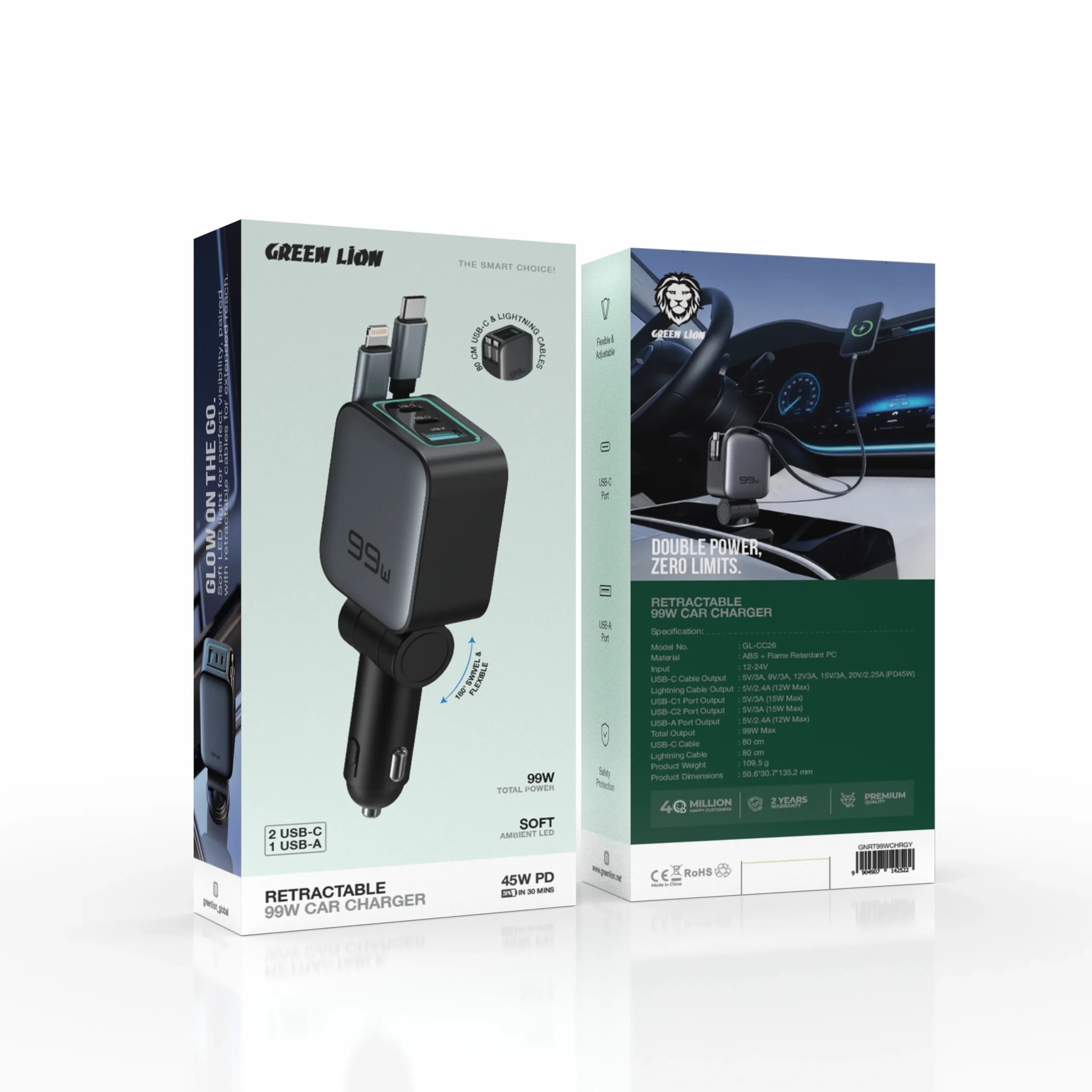 شارژر فندکی سیم جمع شو مدل Retractable 99W گرین لاین — تصویر ۴