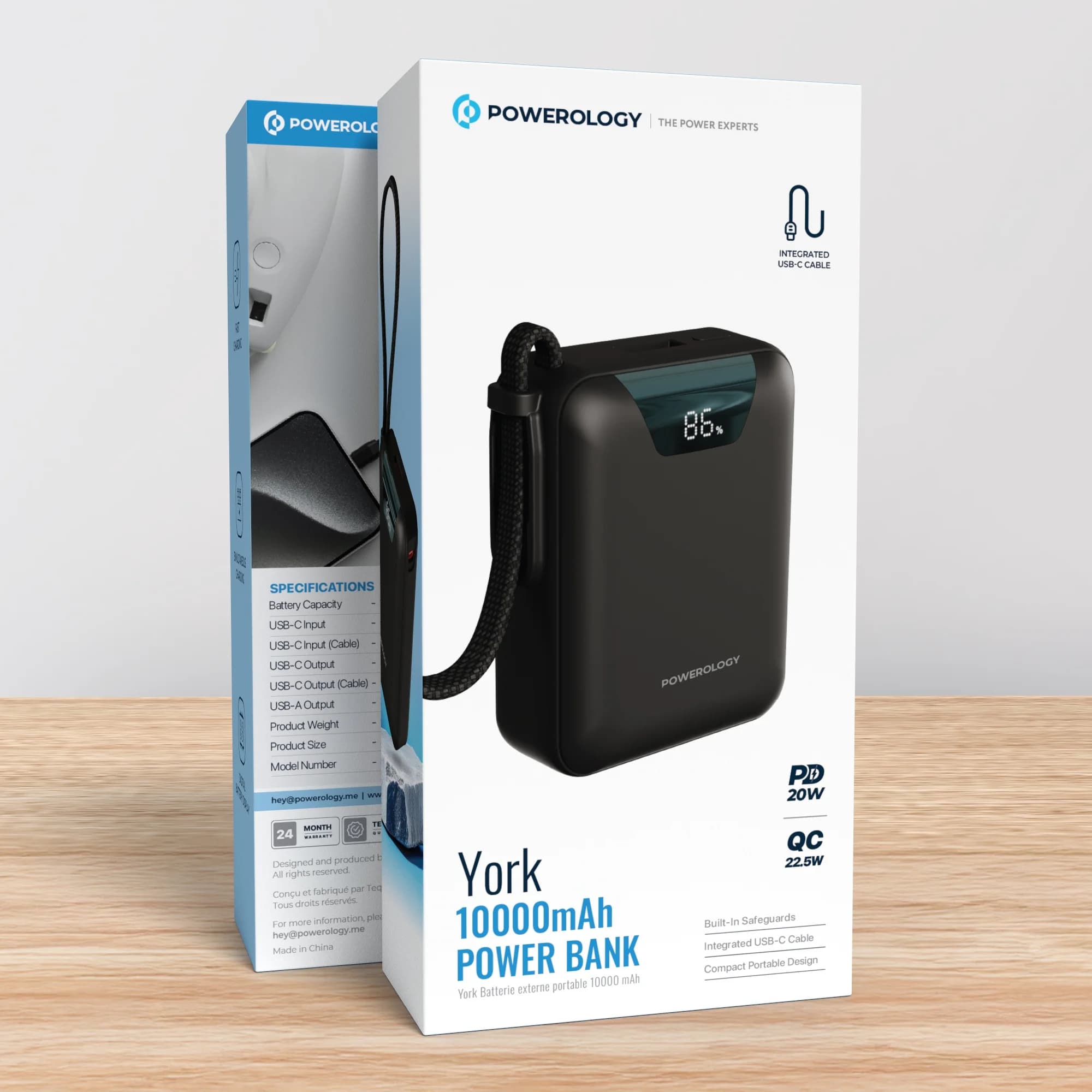 پاوربانک 20000 پاورولوژی مدل York با کابل متصل و شارژ سریع 22.5W — تصویر ۴