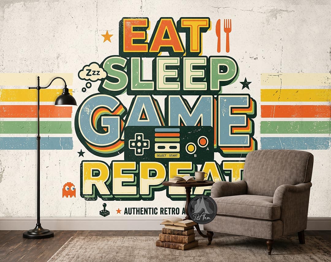 پوستر دیواری گیمینگ طرح Eat Sleep Game Repeat رترو کد DA-6029 | مناسب اتاق گیمر — تصویر ۴