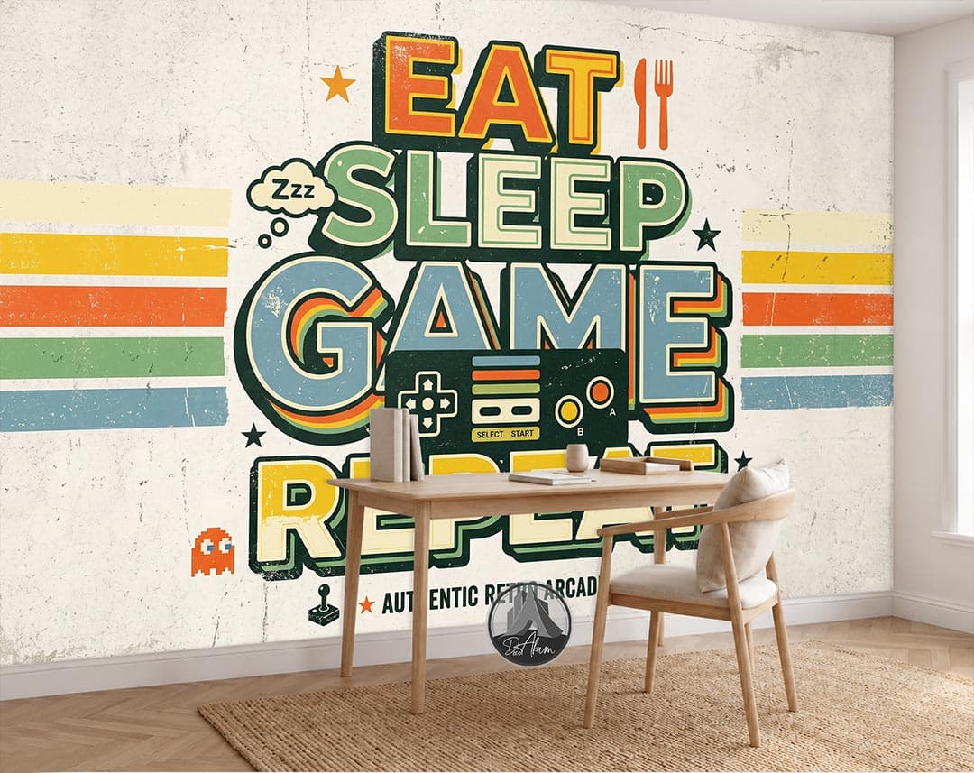 پوستر دیواری گیمینگ طرح Eat Sleep Game Repeat رترو کد DA-6029 | مناسب اتاق گیمر — تصویر ۵