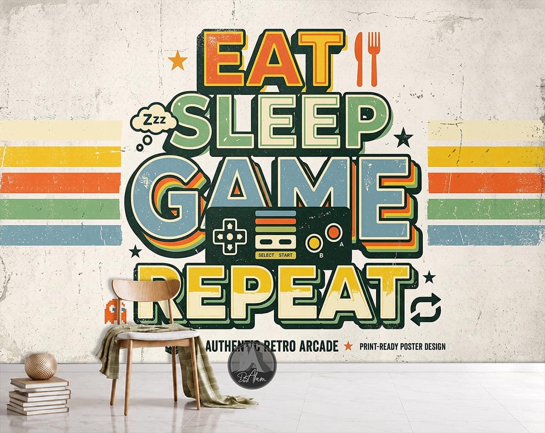 پوستر دیواری گیمینگ طرح Eat Sleep Game Repeat رترو کد DA-6029 | مناسب اتاق گیمر