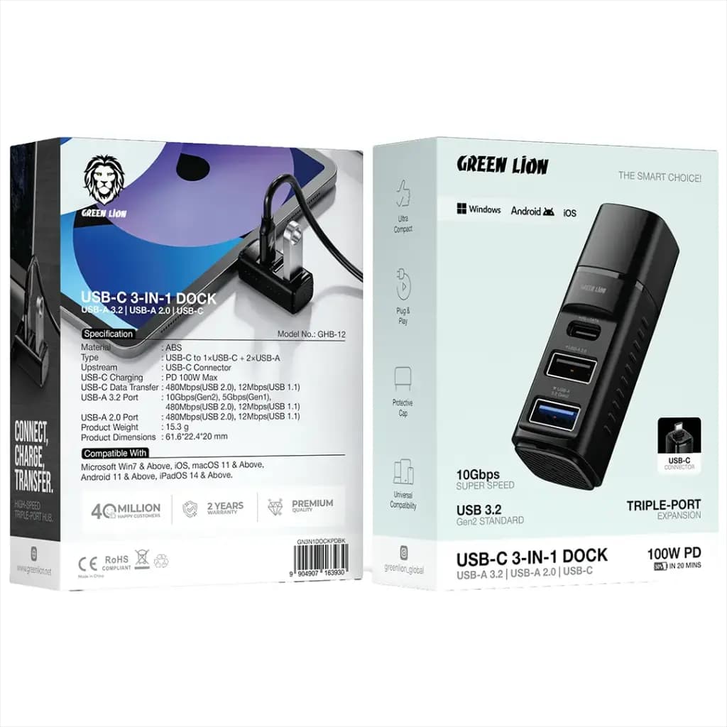 هاب ۳ کاره USB-C شفاف انواع لپ تاپ و موبایل مدل 3in1 Dock گرین لاین — تصویر ۳