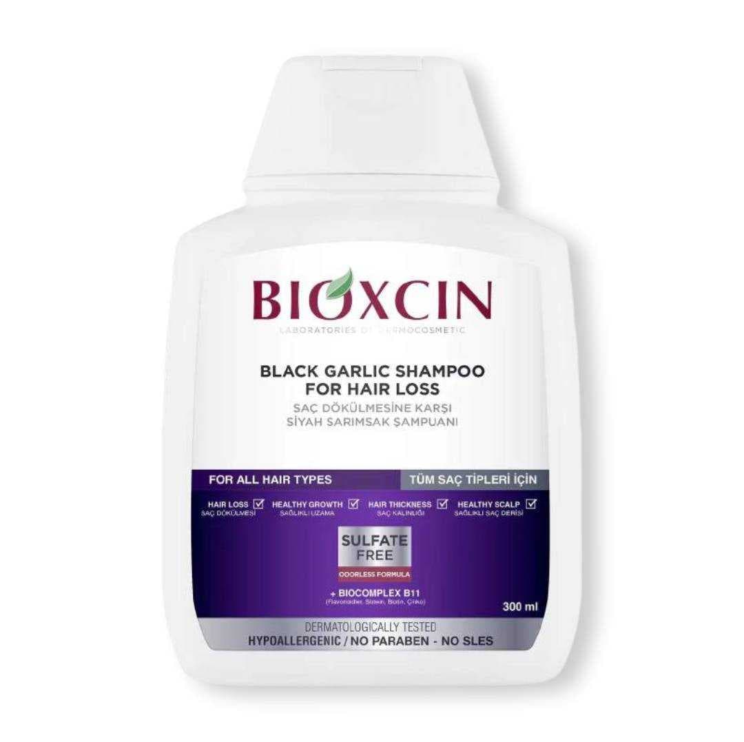 شامپو ضد ریزش سیر سیاه انواع مو (سفید بنفش) بیوکسینBIOXCIN مدل Black Garlic حجم 300 میل
