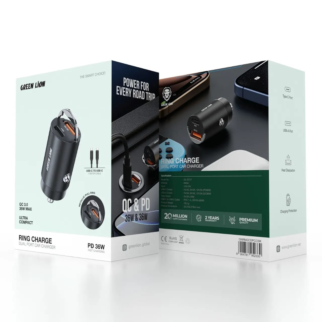 شارژر فندکی فلزی مدل Ring Charge Dual Port PD 36W گرین لاین — تصویر ۴