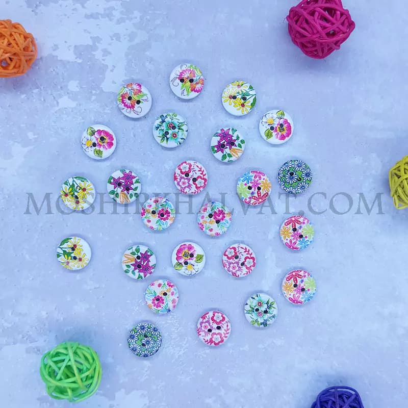 دکمه چوبی چاپی طرح گل بسته 24 عددی — تصویر ۳