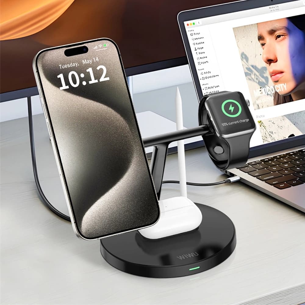 استند و شارژ وايرلس 4 کاره شیائومی مدل WIWU 4 in 1 wireless charger Wi-W032 — تصویر ۲