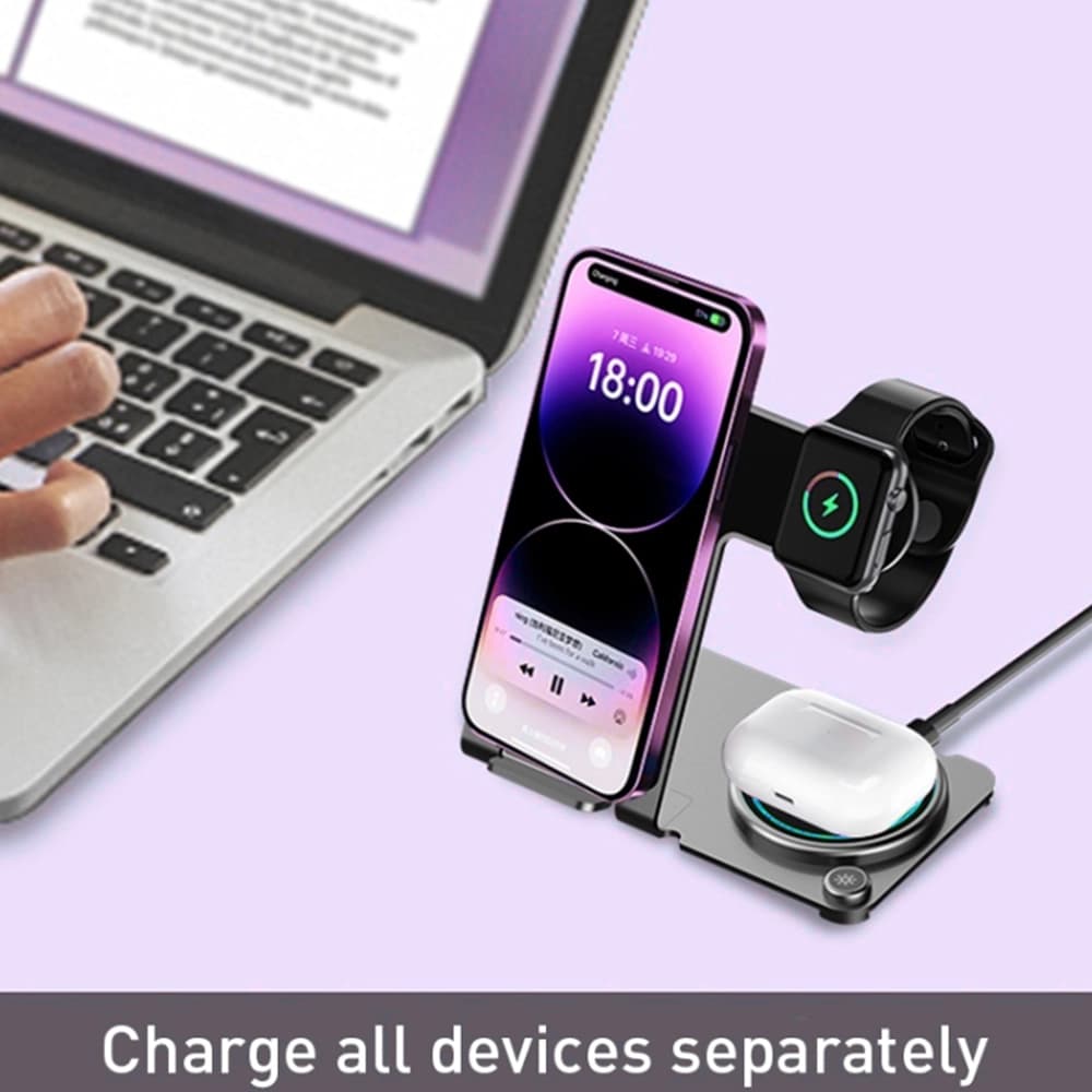 استند و شارژ وايرلس رومیزی سه کاره شیائومی مدل WIWU Power Air 3 In 1 Wireless Charger WI-W005 — تصویر ۴
