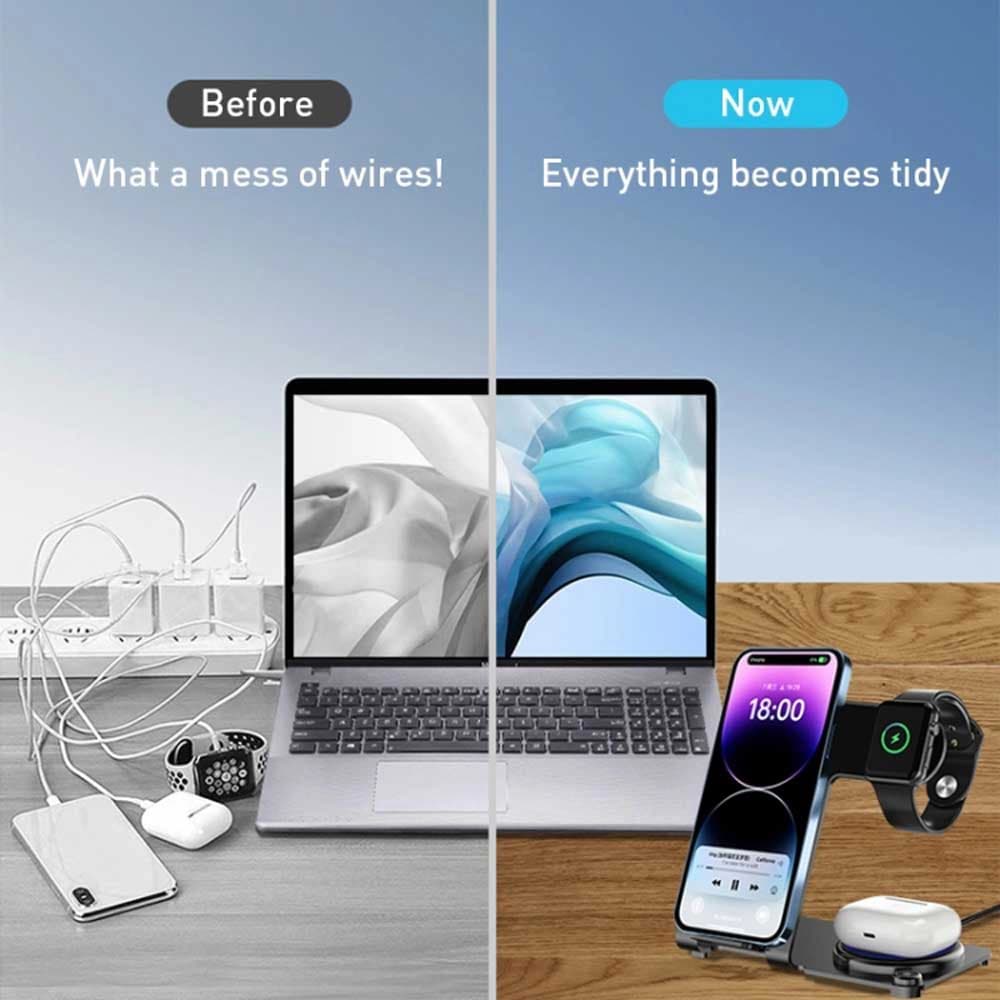 استند و شارژ وايرلس رومیزی سه کاره شیائومی مدل WIWU Power Air 3 In 1 Wireless Charger WI-W005 — تصویر ۵