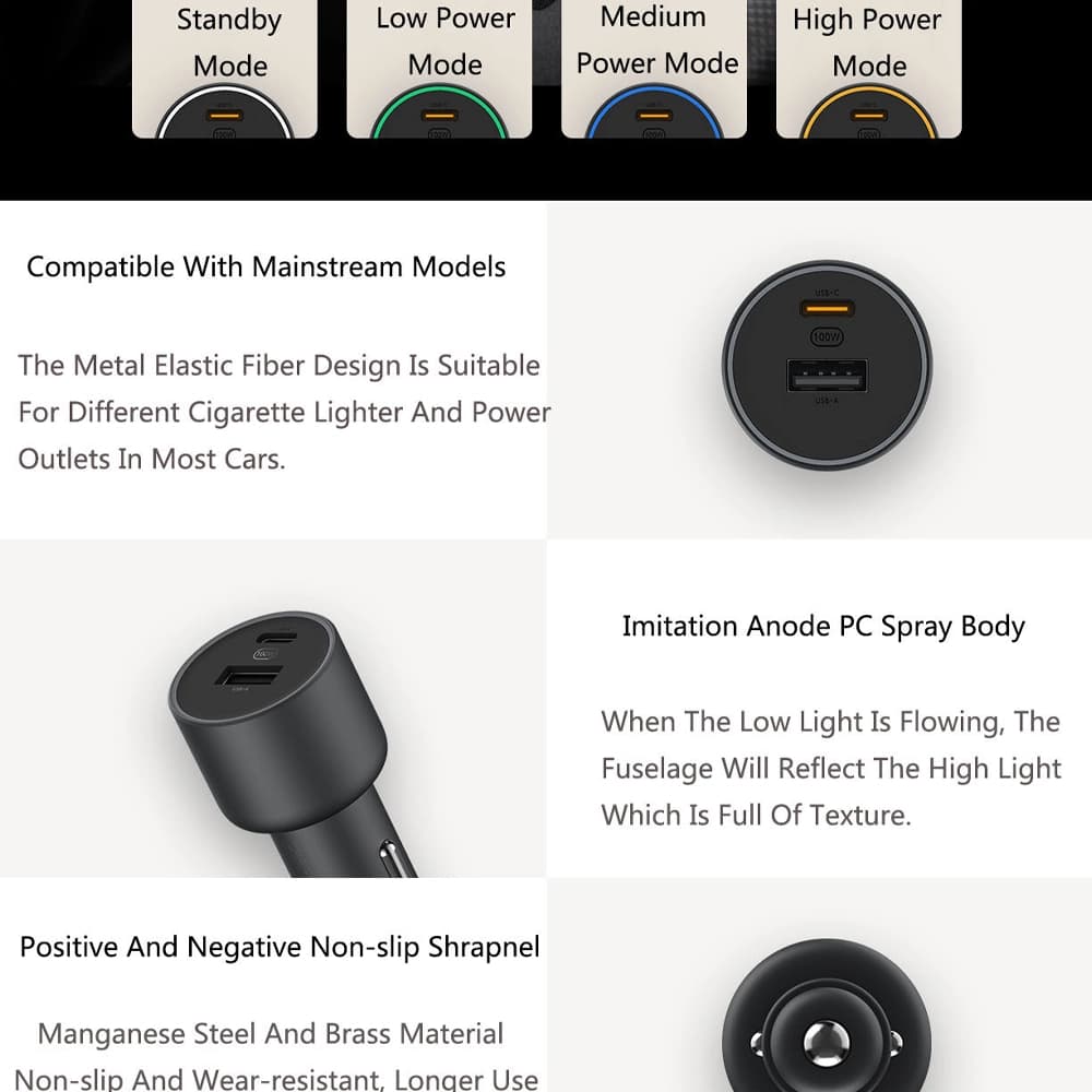 شارژر فندکی ماشين شیائومی مدل Xiaomi 100W Dual Port Car Charger Kit 1A1C MDY-16-ER‏ — تصویر ۴