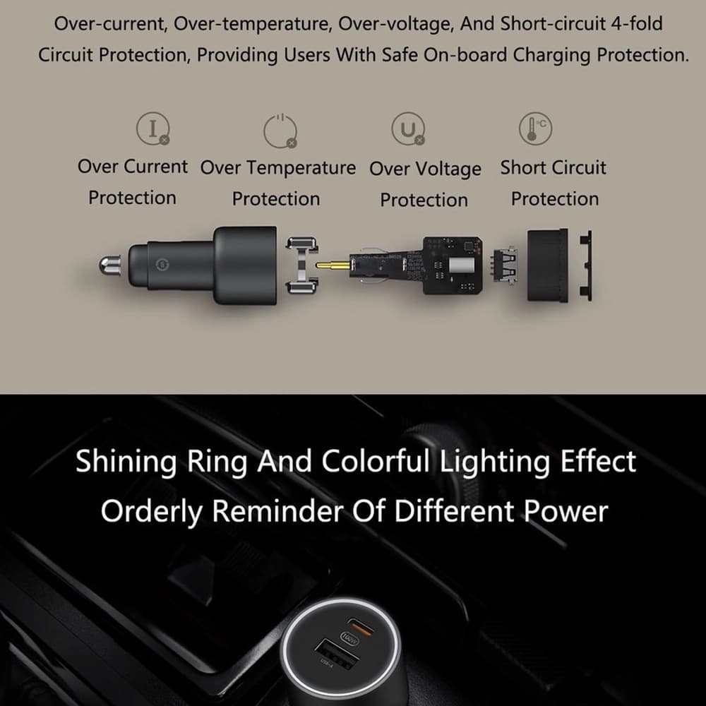 شارژر فندکی ماشين شیائومی مدل Xiaomi 100W Dual Port Car Charger Kit 1A1C MDY-16-ER‏ — تصویر ۲