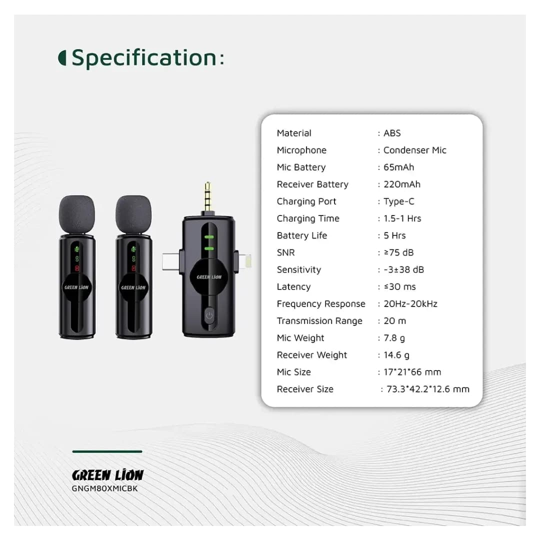 میکروفون یقه‌ای 2 فرستنده وایرلس گرین لاین Green Lion GM-80X — تصویر ۶