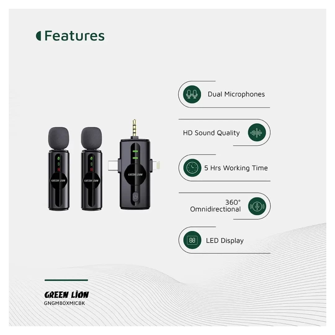 میکروفون یقه‌ای 2 فرستنده وایرلس گرین لاین Green Lion GM-80X — تصویر ۵