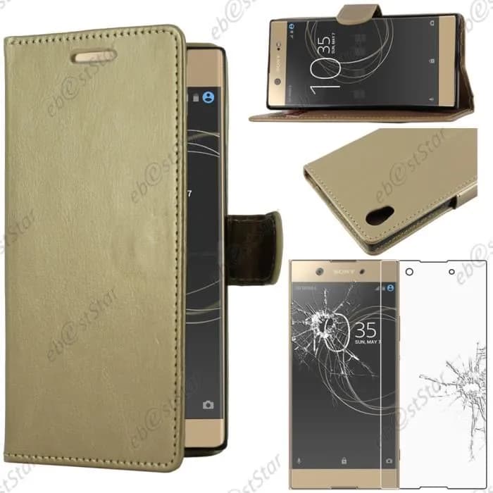 قاب محافظ چرم PU جا کارتی دار همراه با گلس برای گوشی Sony Xperia XA1 Ultra، XA1
