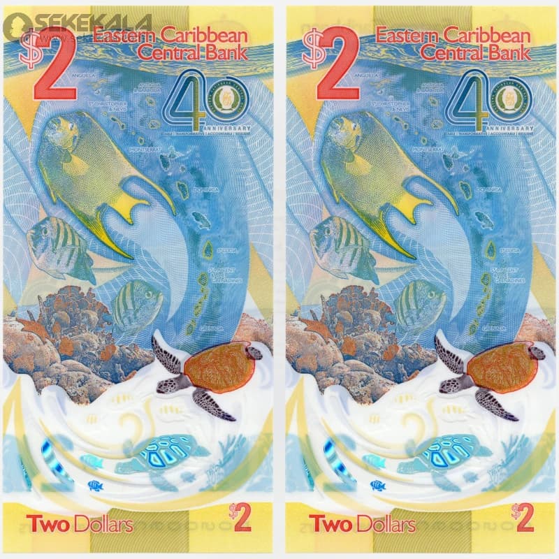 جفت اسکناس‌ 2 دلار پلیمری کارائیب شرقی 2023 (UNC)(چارلز سوم) — تصویر ۳