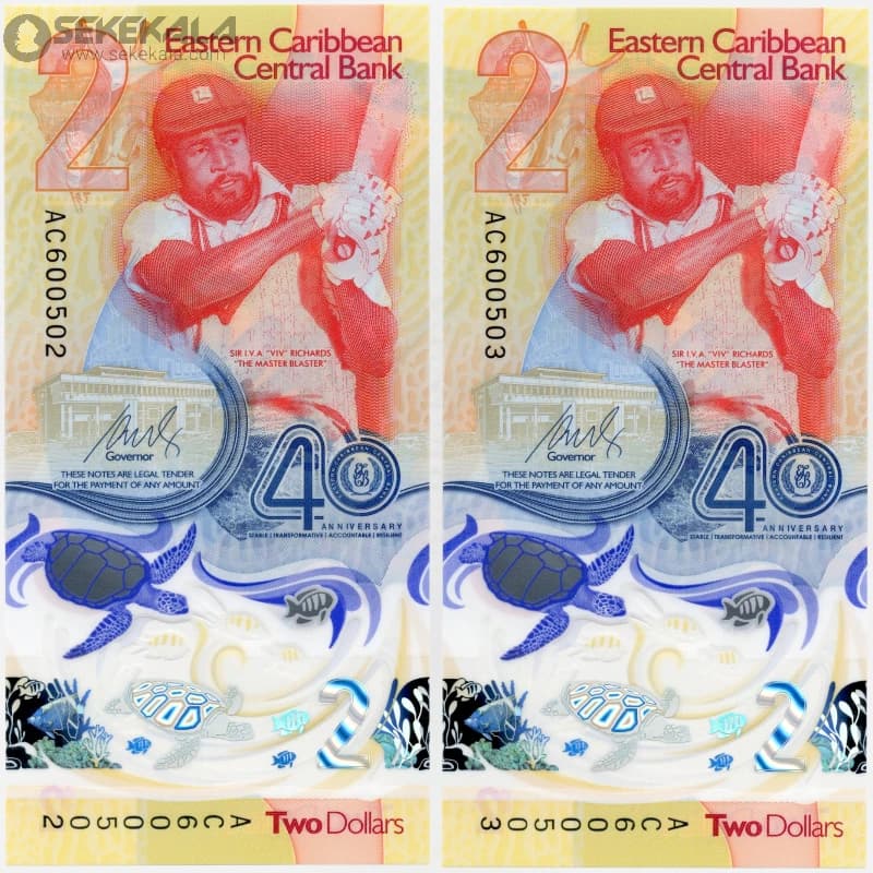 جفت اسکناس‌ 2 دلار پلیمری کارائیب شرقی 2023 (UNC)(چارلز سوم)