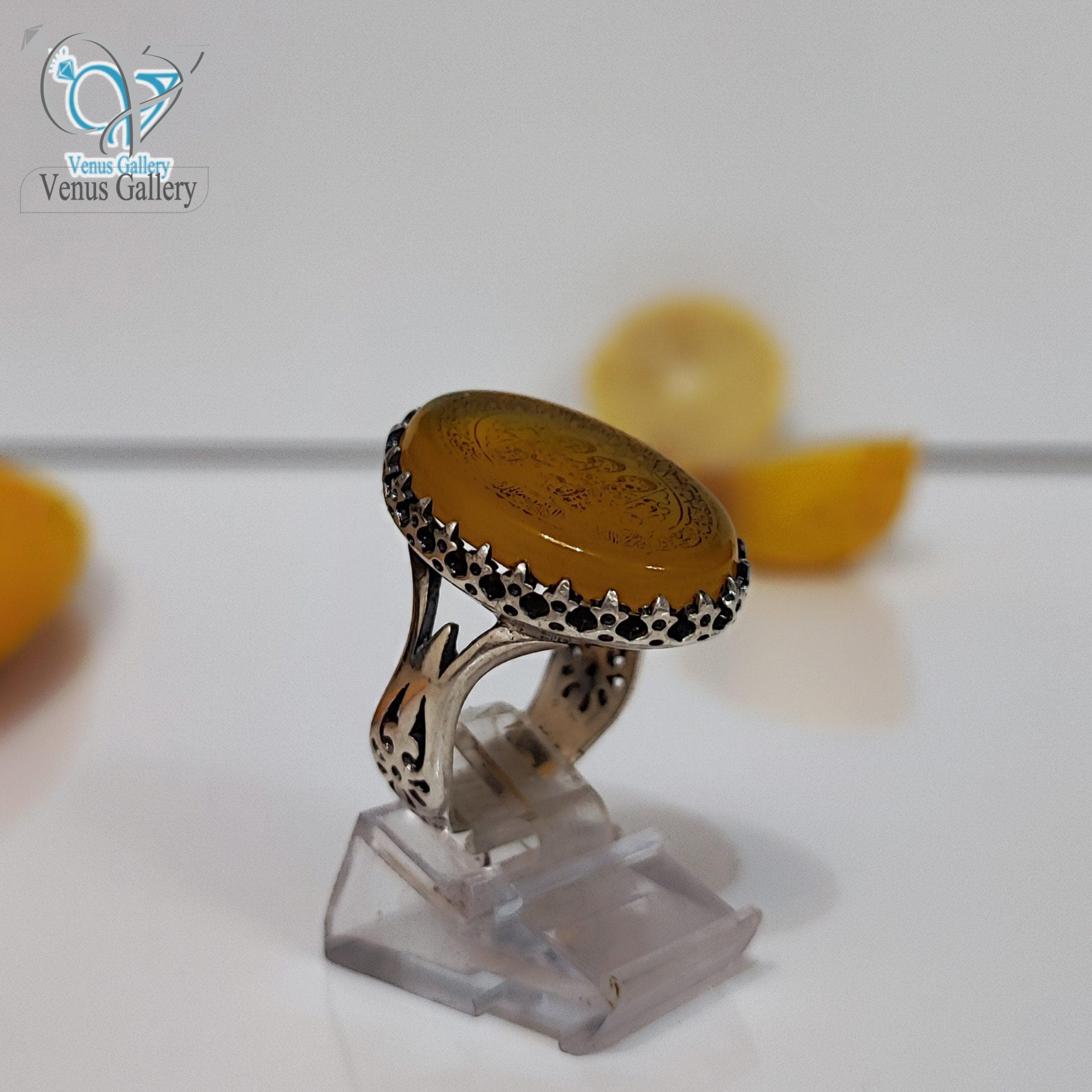 انگشتر نقره مردانه عقیق زرد حکاکی آیـت الکرسی کد 2820 — تصویر ۲