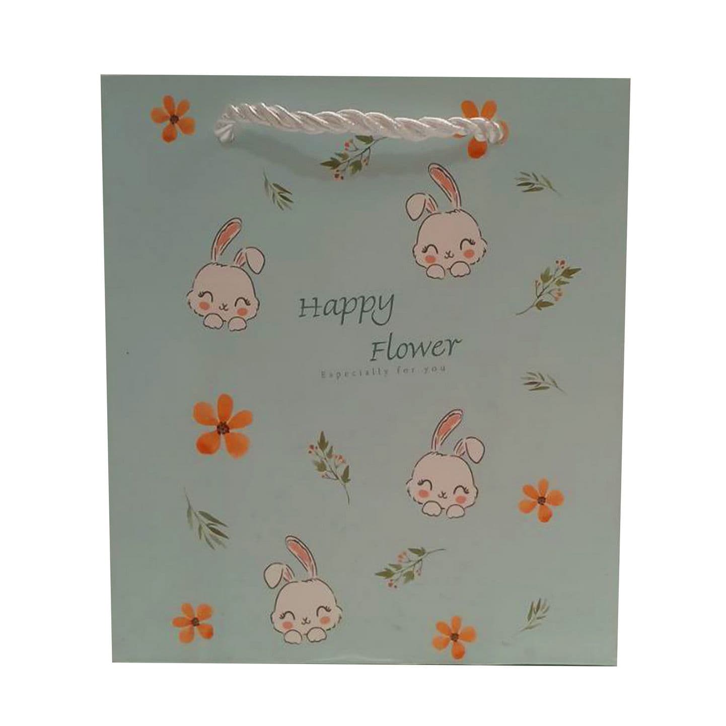 بگ و ساک دستی کادویی A6 کوچک مربع 14*15*7 – خرگوش و گل happy flower آبی آسمانی
