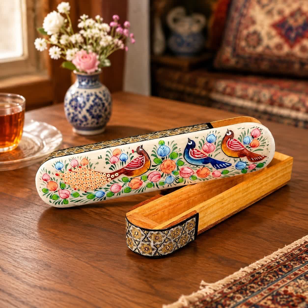 قلمدان خاتم کاری کشویی مدل گل و بلبل