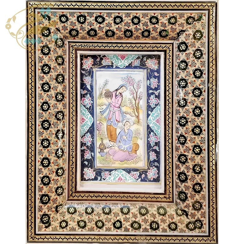 نقاشی مینیاتور اصفهان با قاب خاتم کاری 16در20