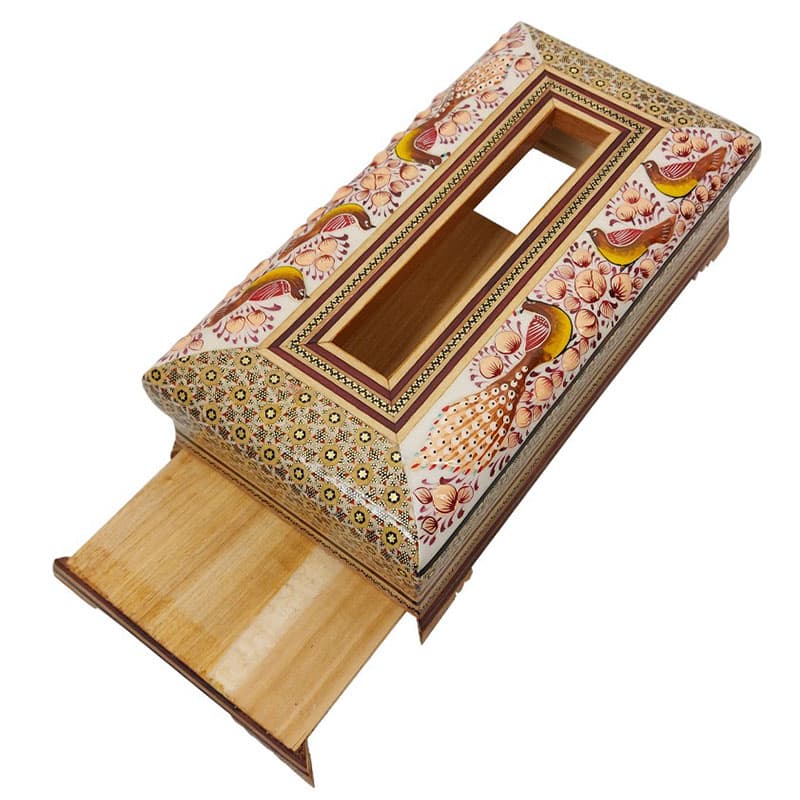 جعبه دستمال کاغذی خاتم کاری مدل گل و مرغ قرمز — تصویر ۴