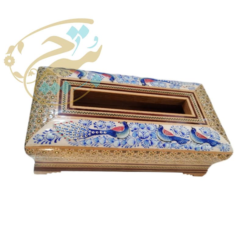 ست سه تیکه خاتم کاری جادستمالی ،جاکاردی،سطل مدل گل و مرغ آبی — تصویر ۴