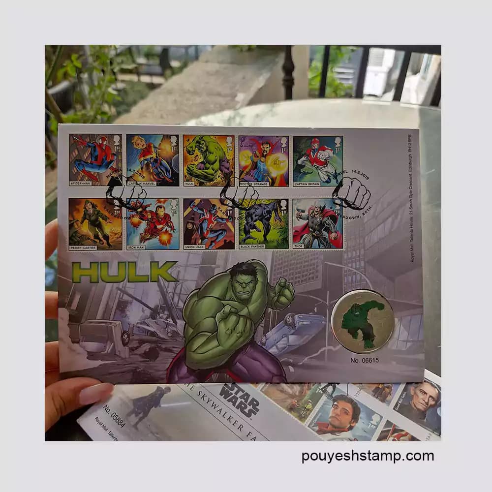 پاکت مهر روز مدال‌دار مارول انگلستان ۲۰۱۹ | هالک – Royal Mail Marvel Hulk Medal Cover
