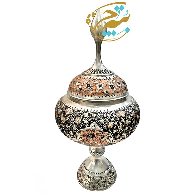 گز خوری (شکلات خوری پایه دار) قلمزنی مدل گل و مرغ دورنگی