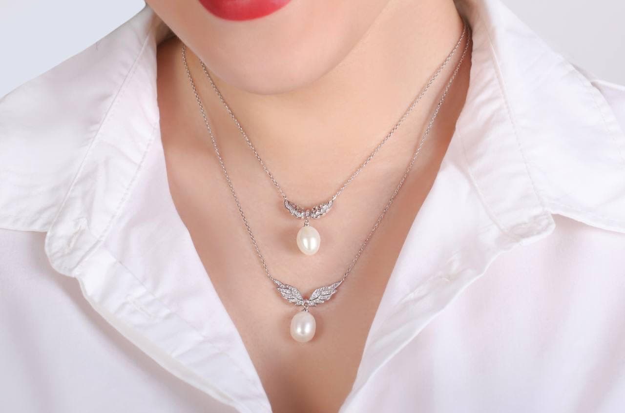 گردنبند نقره بال فرشته و مروارید