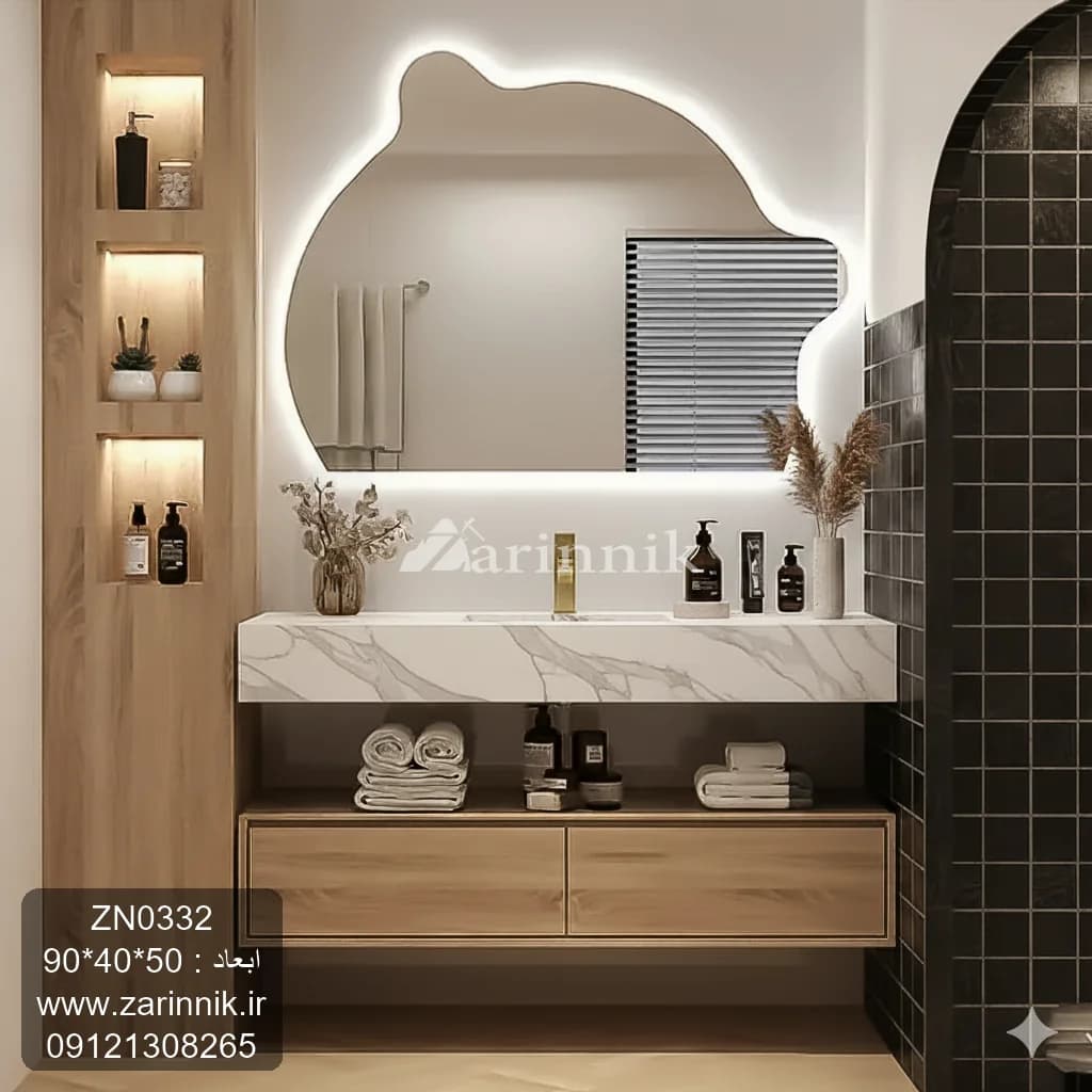 آینه و روشویی سرامیکی مدرن سفیدکرم زرین نیک کد ZN0332 — تصویر ۲
