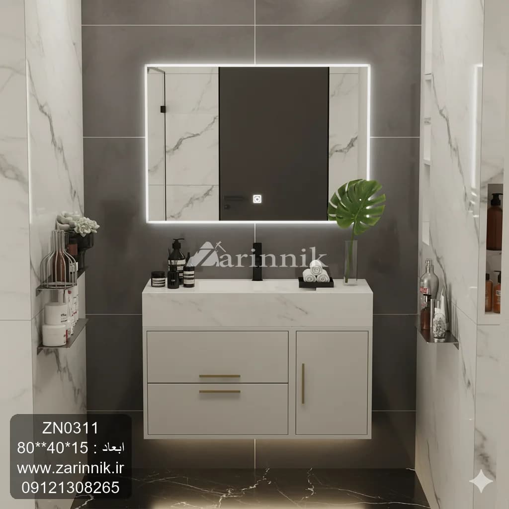 آینه و روشویی سرامیکی مدرن سفید زرین نیک کد ZN0311