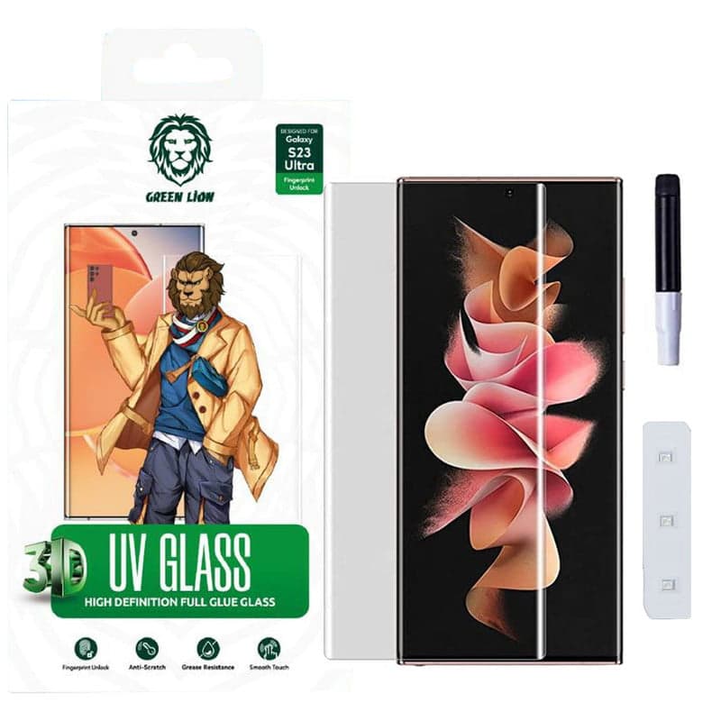 محافظ صفحه شیشه ای تمام صفحه و خمیده یو وی گرین لاین Samsung Galaxy S23 Ultra Green Lion 3D UV Glass