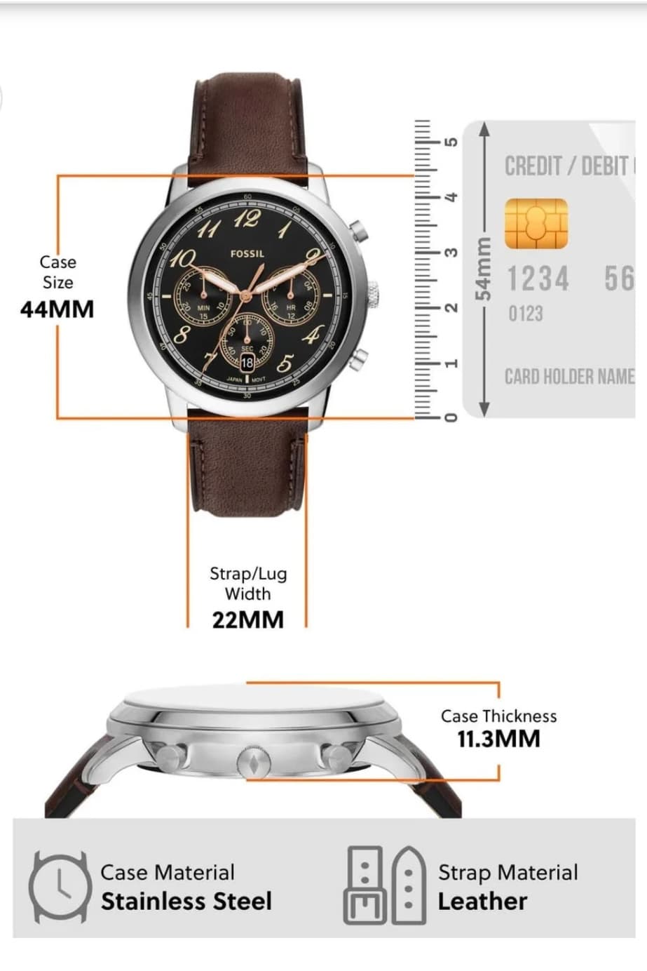 ساعت مچی مردانه کرنوگراف با صفحه مشکی و بند چرمی قهوهای Fossil مدل FS6024 — تصویر ۶