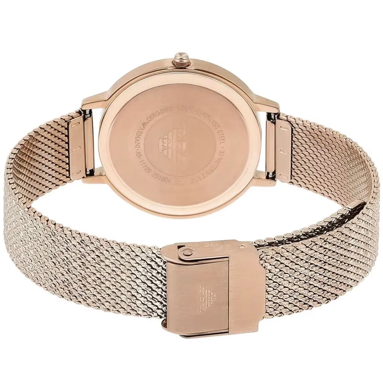 ساعت مچی زنانه کوارتز با صفحه طلایی و بند حصیری رزگلد Emporio Armani مدل AR11129 — تصویر ۶