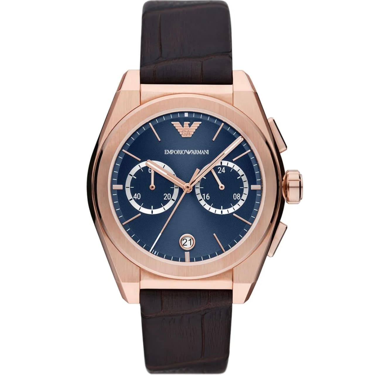 ساعت مچی مردانه کرنوگراف با صفحه آبی و بند چرمی قهوه‌ای Emporio Armani مدل AR11563