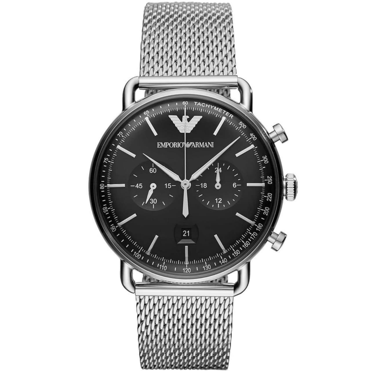 ساعت مچی مردانه کرنوگراف با صفحه مشکی و بند حصیری نقره‌ای Emporio Armani مدل AR11104