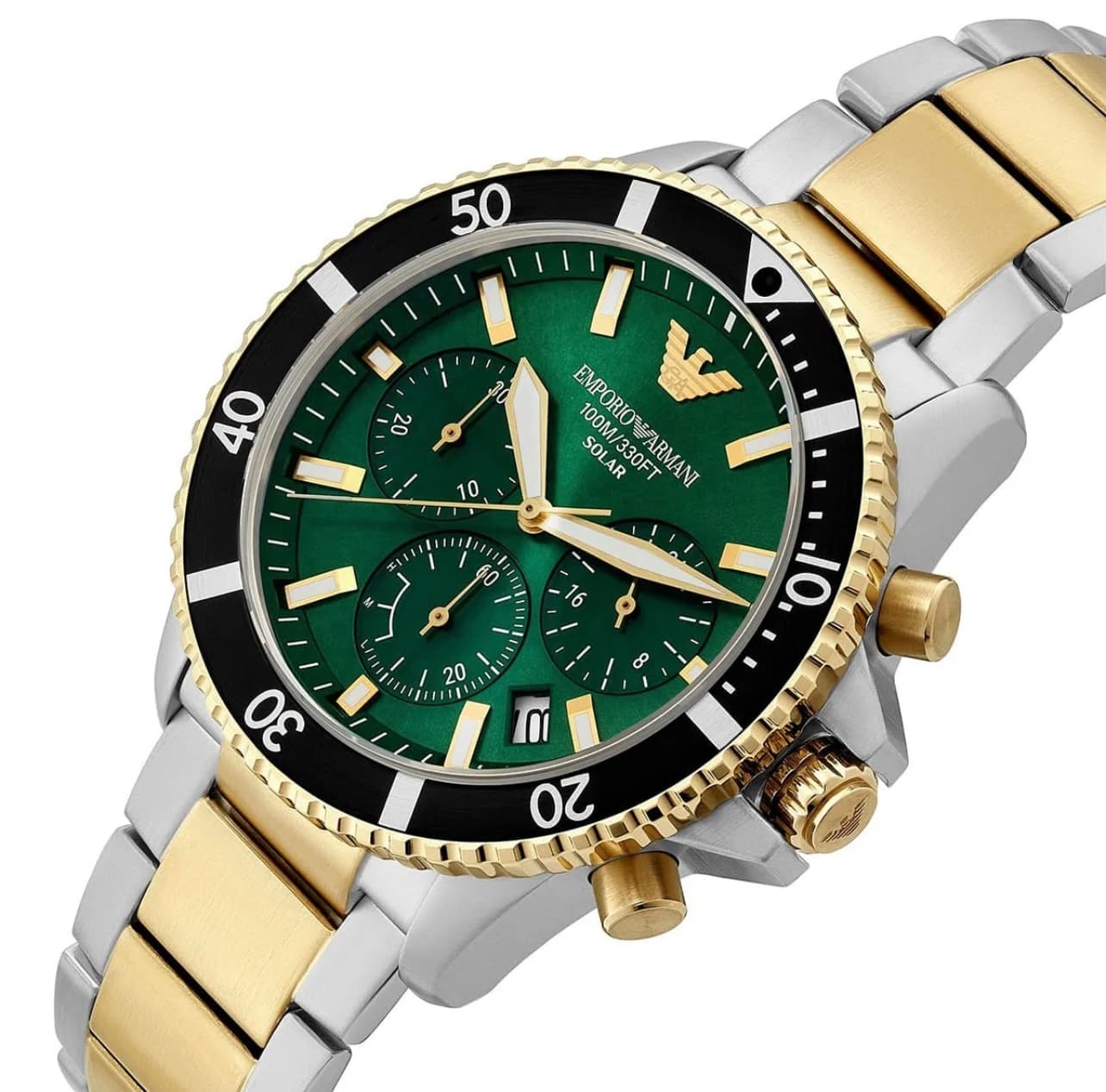 ساعت مچی مردانه سولار کرنوگراف با صفحه سبز و بندنقره‌ای و طلایی Emporio Armani مدل AR11695 — تصویر ۷