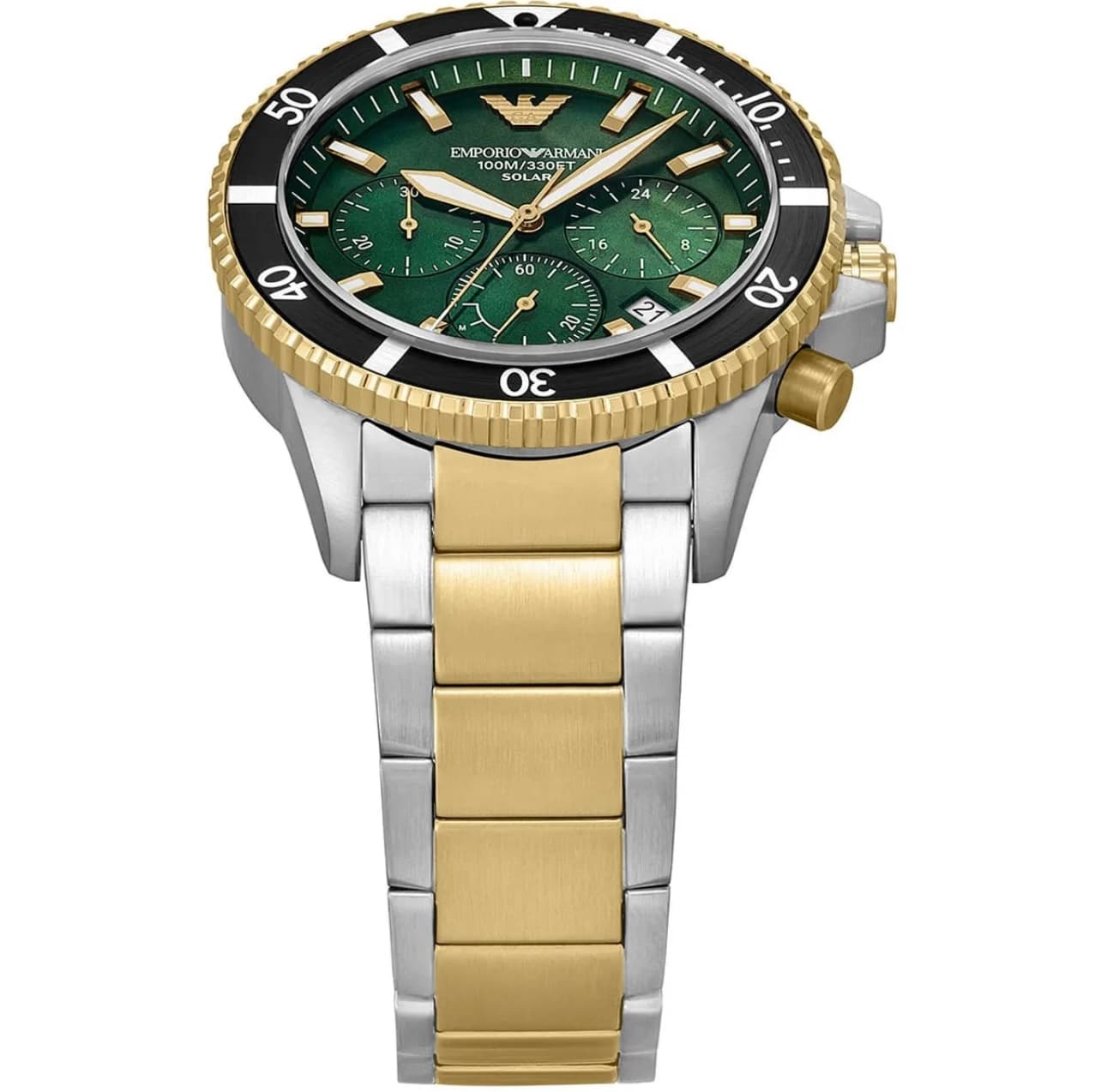ساعت مچی مردانه سولار کرنوگراف با صفحه سبز و بندنقره‌ای و طلایی Emporio Armani مدل AR11695 — تصویر ۸