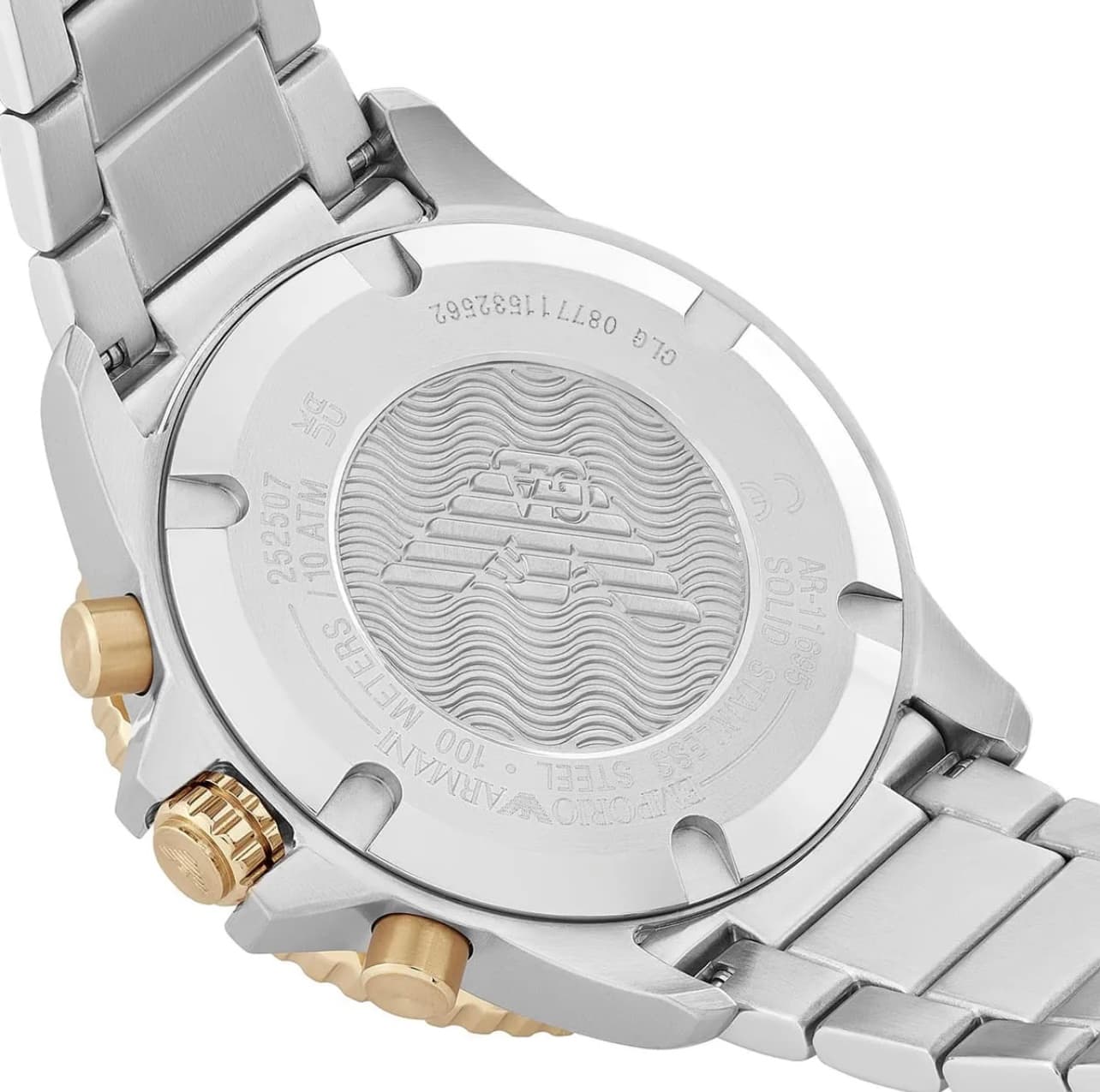 ساعت مچی مردانه سولار کرنوگراف با صفحه سبز و بندنقره‌ای و طلایی Emporio Armani مدل AR11695 — تصویر ۲