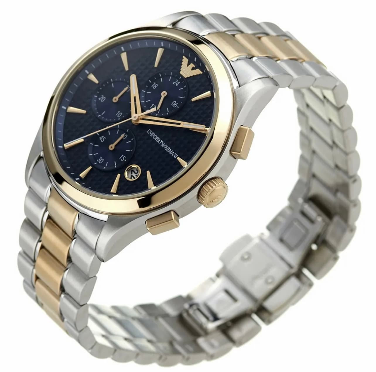 ساعت مچی مردانه کرنوگراف نقرهای و طلایی با صفحه آبی Emporio Armani مدل AR11579 — تصویر ۲