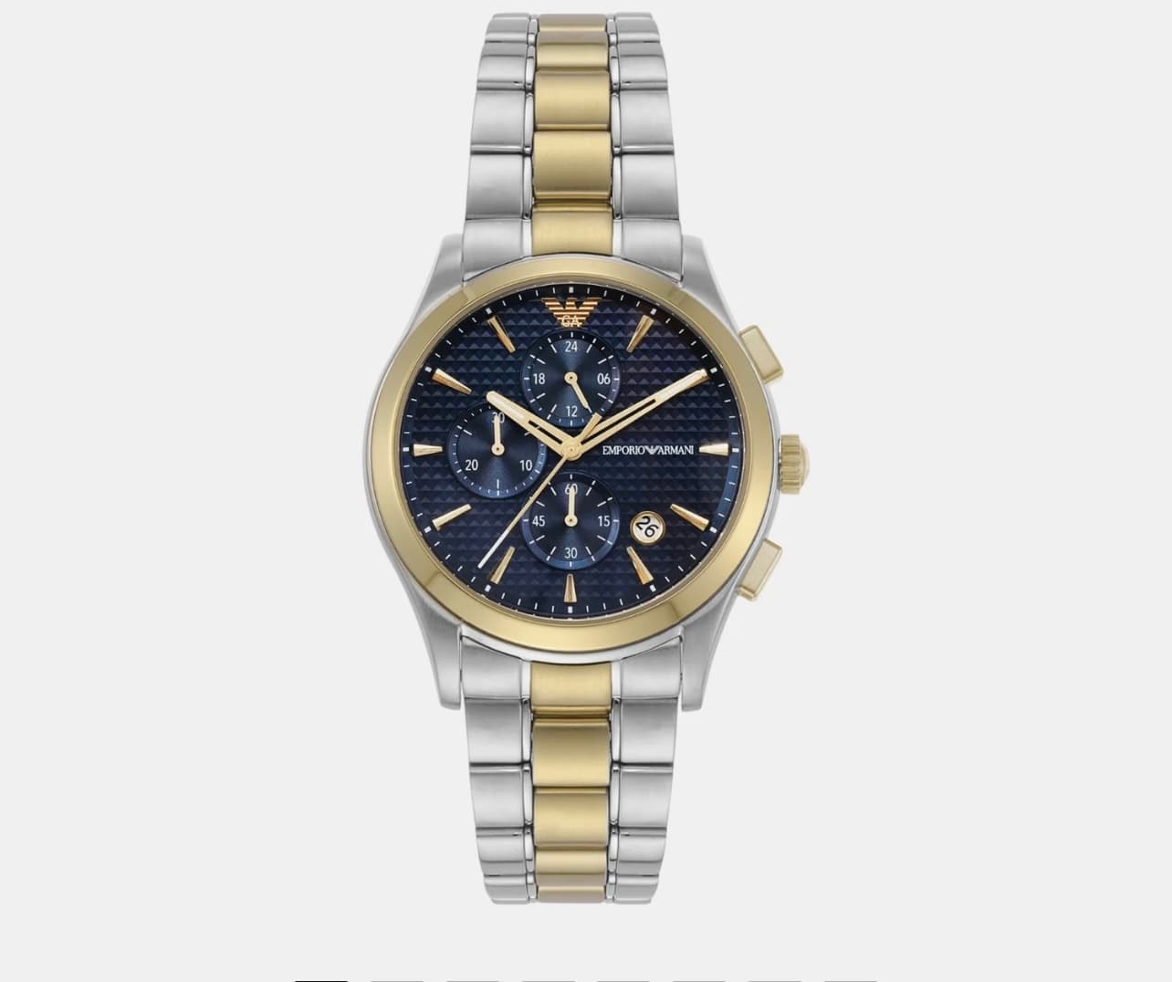 ساعت مچی مردانه کرنوگراف نقره‌ای و طلایی با صفحه آبی Emporio Armani مدل AR11579