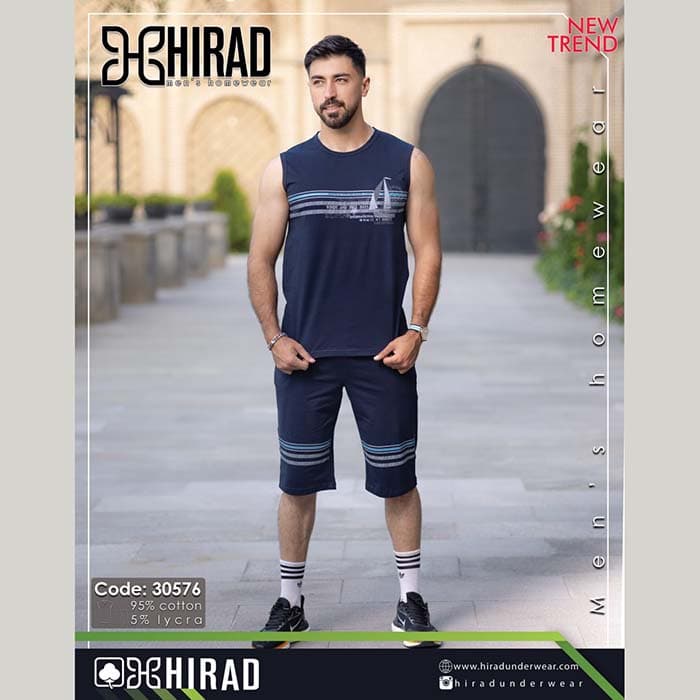 ست حلقه ای و شلوارک نخی مردانه مدل 30576 برند هیراد نخ پنیه سایز L کد 40123 — تصویر ۲