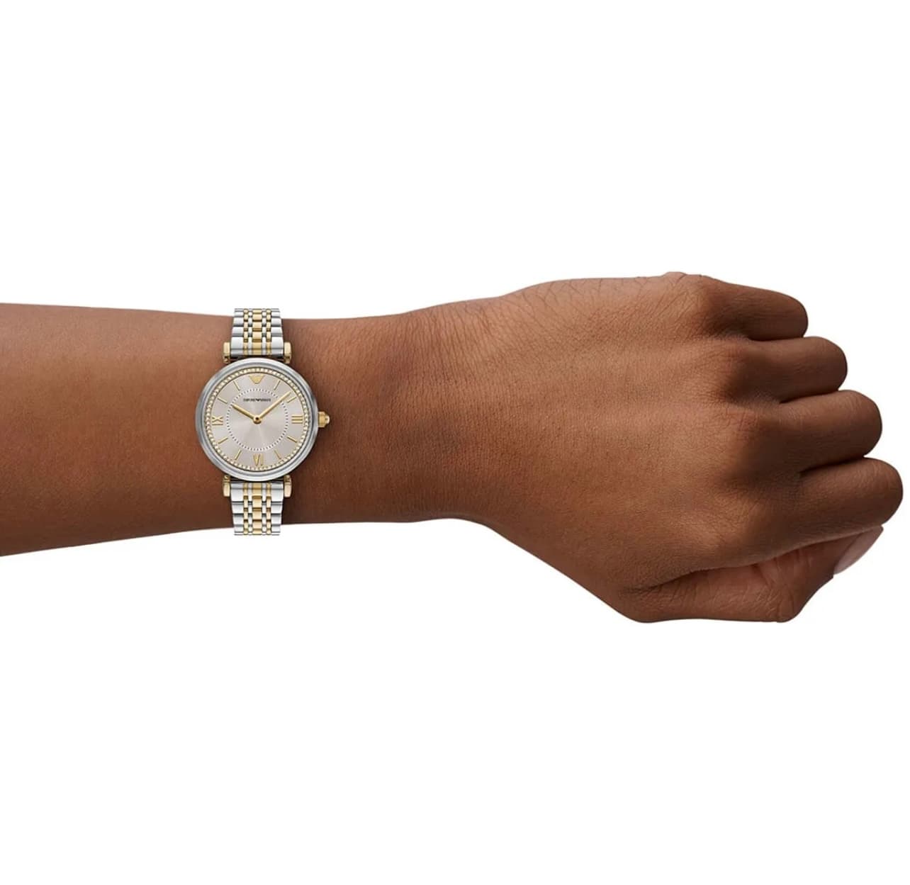 ساعت مچی زنانه ظریف نقره‌ای و طلایی با صفحه نگین‌دار Emporio Armani مدل AR11702 — تصویر ۷