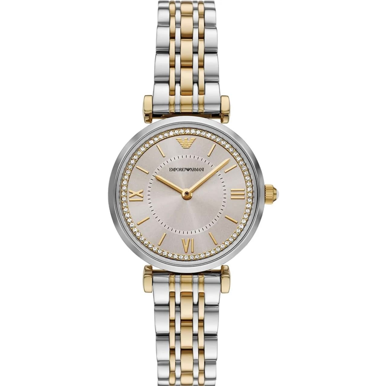 ساعت مچی زنانه ظریف نقره‌ای و طلایی با صفحه نگین‌دار Emporio Armani مدل AR11702