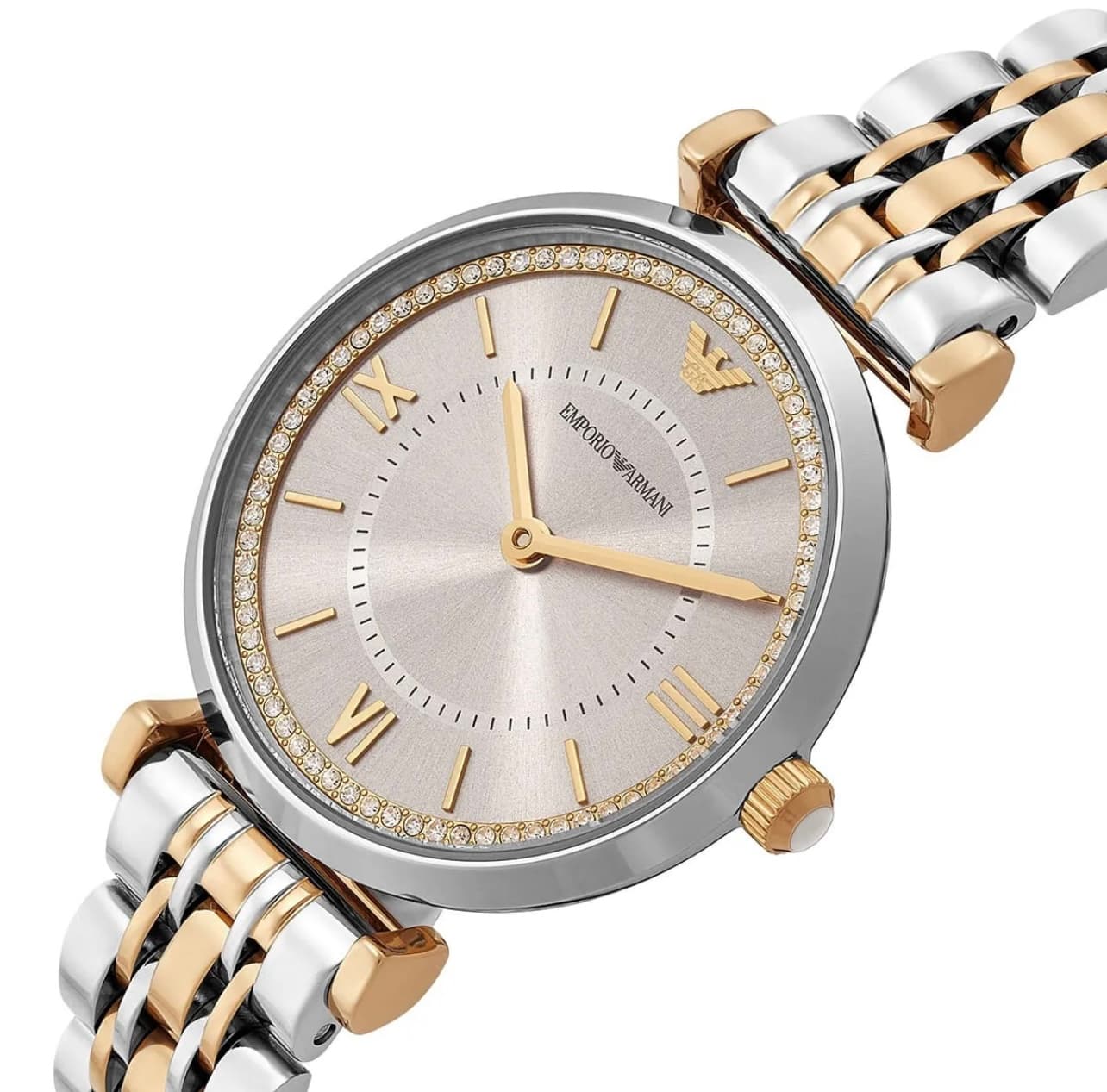 ساعت مچی زنانه ظریف نقره‌ای و طلایی با صفحه نگین‌دار Emporio Armani مدل AR11702 — تصویر ۲
