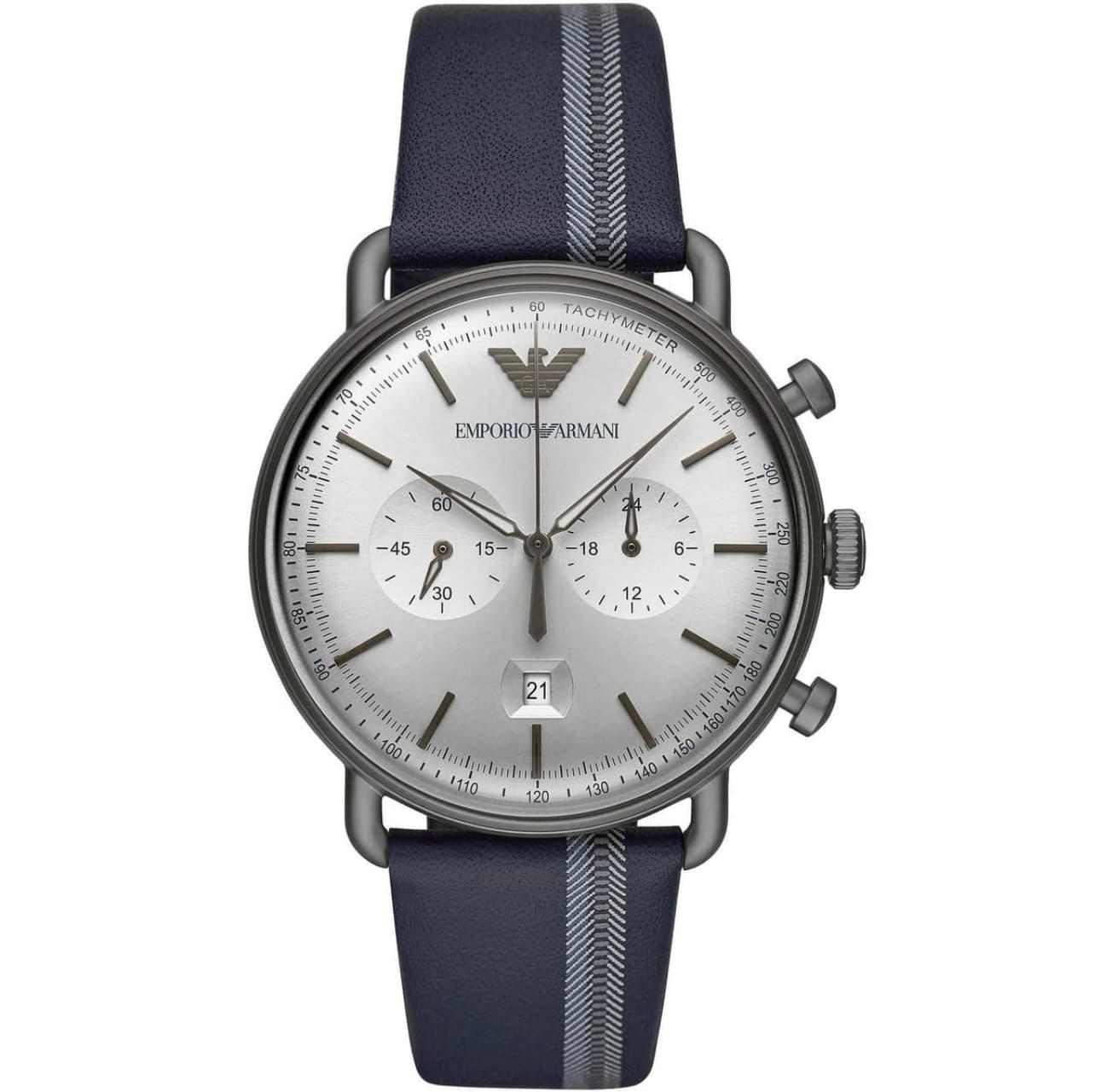 ساعت مچی مردانه طوسی با بند چرمی آبی Emporio Armani مدل AR11202