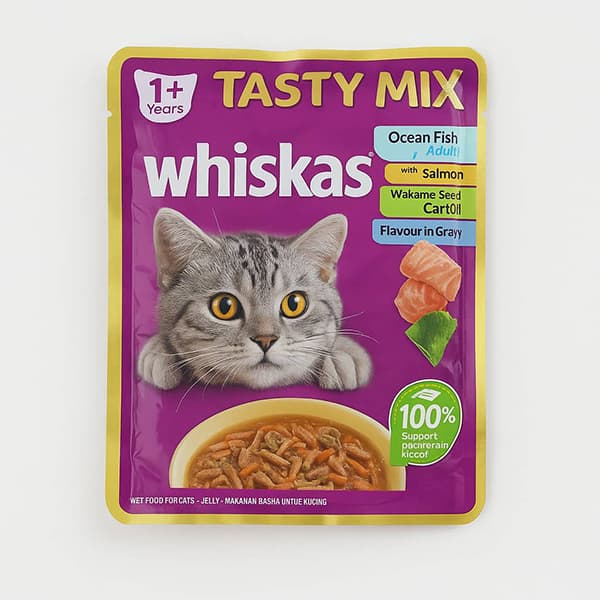 پوچ گربه ویسکاس Tasty Mix طعم مرغ، سالمون و جلبک واکامه در سس ژله‌ای (۸۰ گرم)